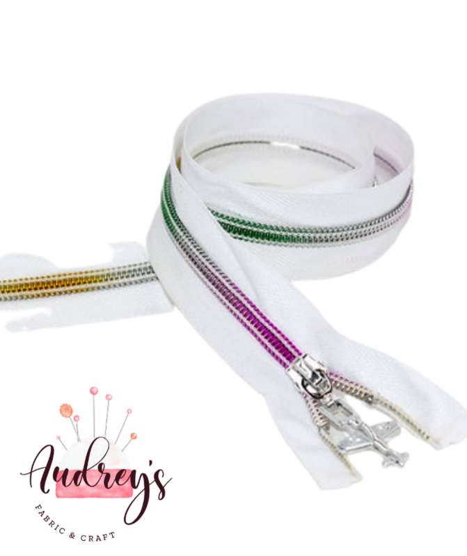 White Tape w/ Rainbow Teeth | Continuous Zipper Tape, #5 | Nylon Teeth