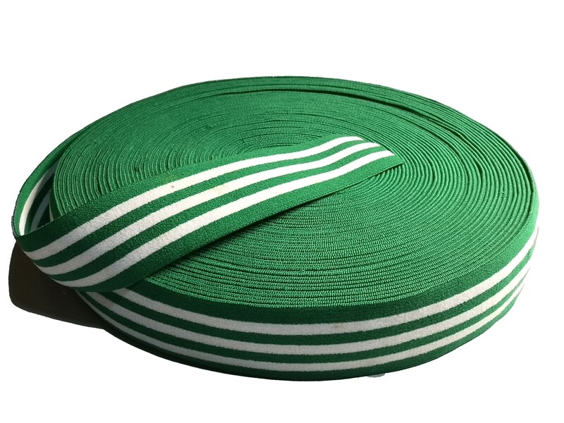 Green &amp; White Stripes | Soft Waistband Elastic | 30mm Wide