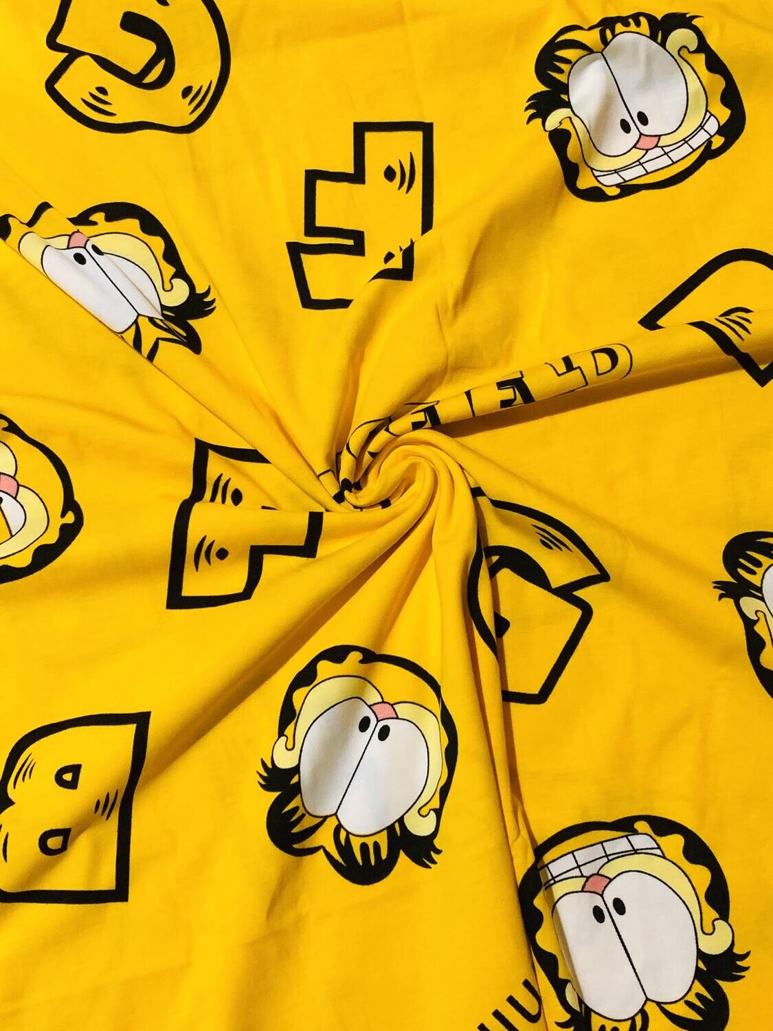 Garfield Mustard | Licensed Cotton Lycra, 180gsm | 180cm Wide - Final Pieces