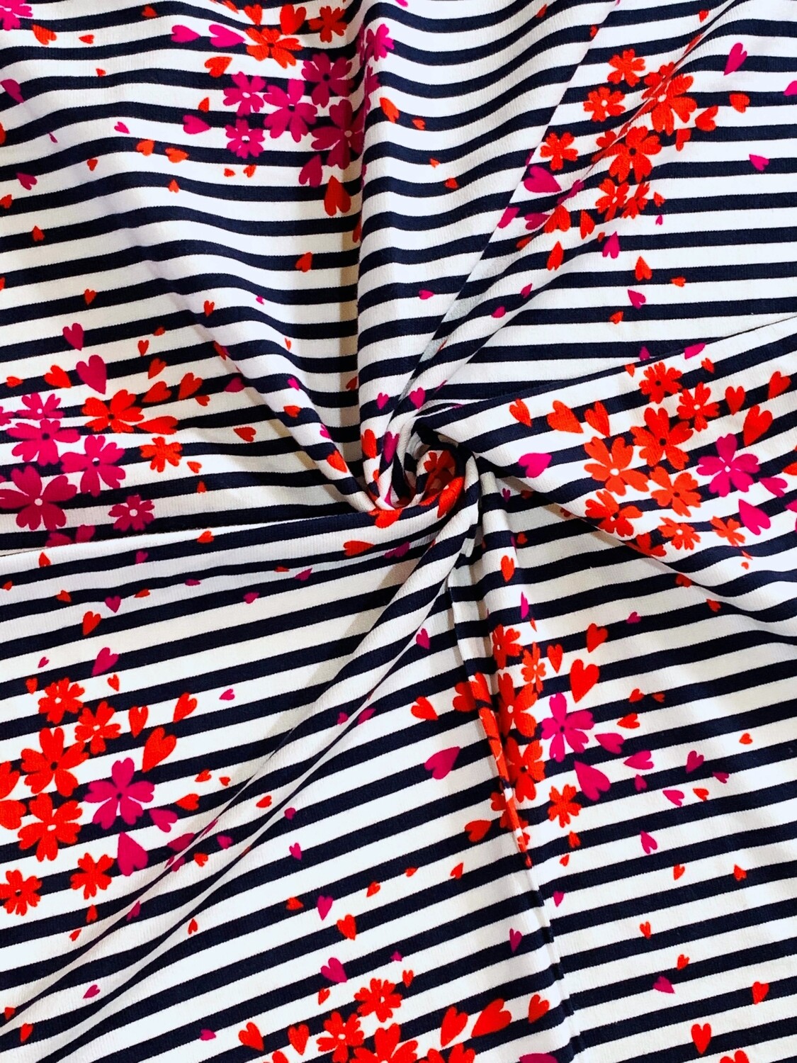 Florals & Hearts on Stripes | Premium Cotton Jersey, 260gsm | 160cm Wide