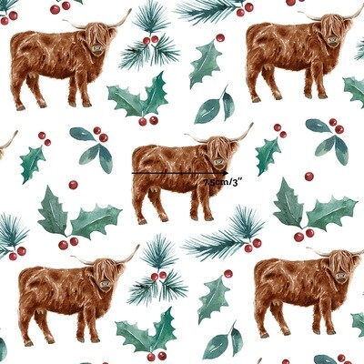 Xmas Highland Cows | Digital-Print Cotton Woven | 112cm wide - 1.4m Piece