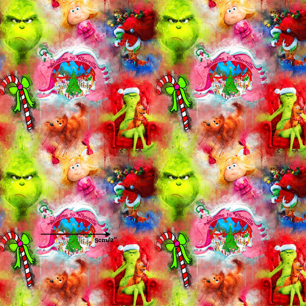 Xmas Grinch Watercolour | Digital Print Custom Cotton Woven | 145cm wide - 0.7m Piece
