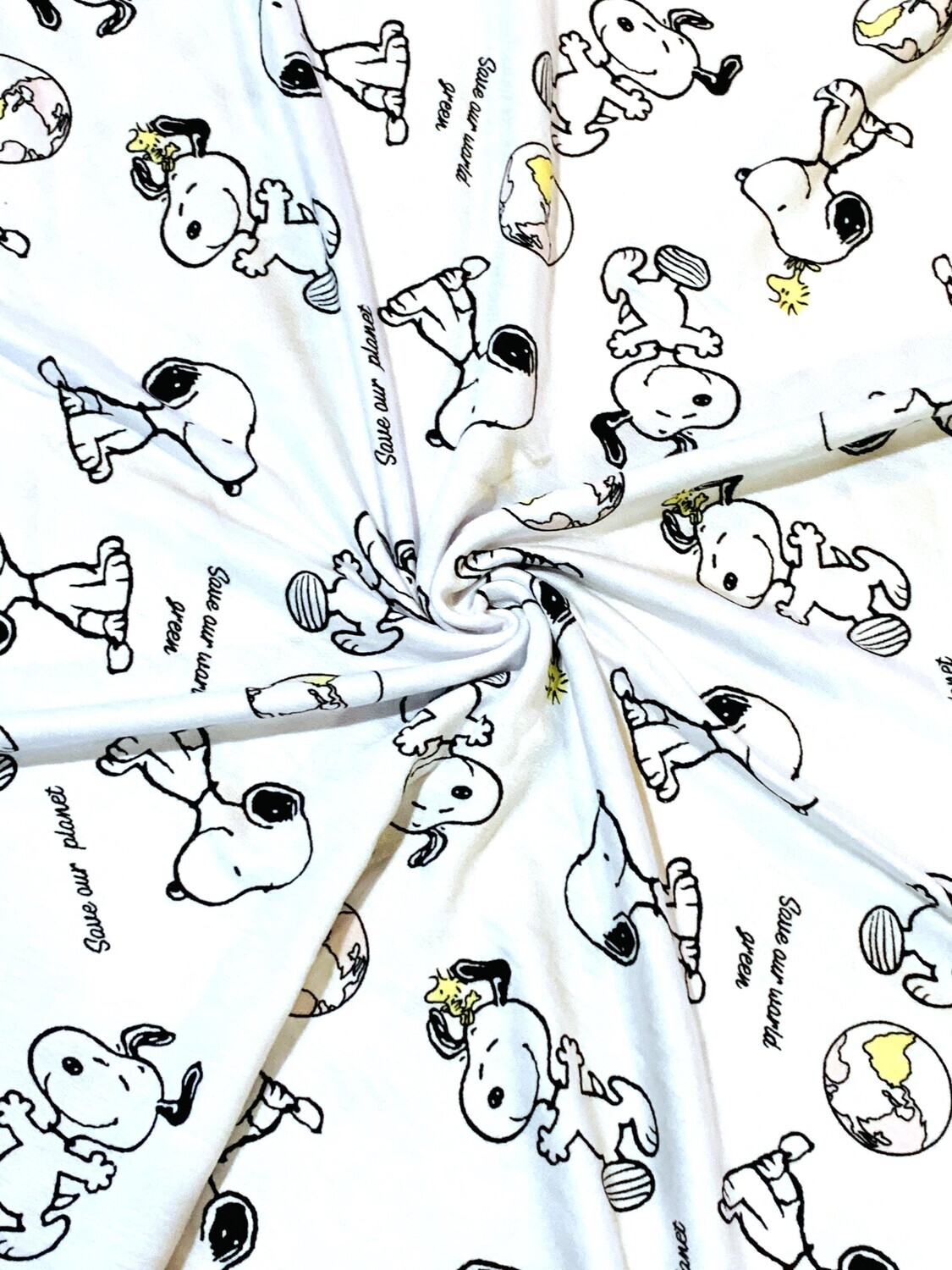 Snoopy, Save Our Planet | Licensed Cotton Lycra, 220gsm | 190cm Wide