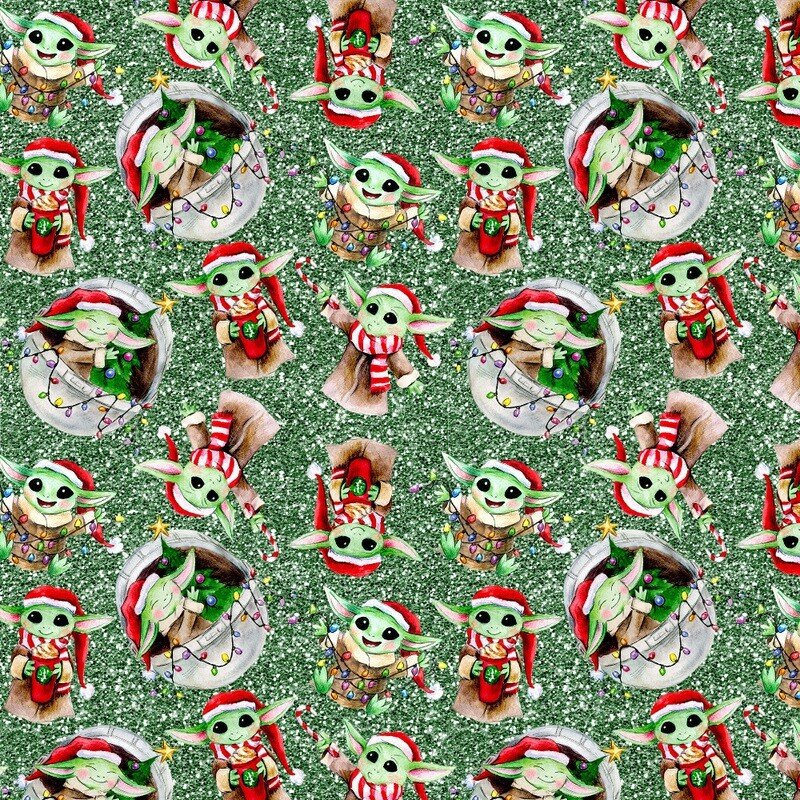 Xmas Baby Yoda Grogu, Glitter Custom Cotton Woven 145cm wide 1.1m