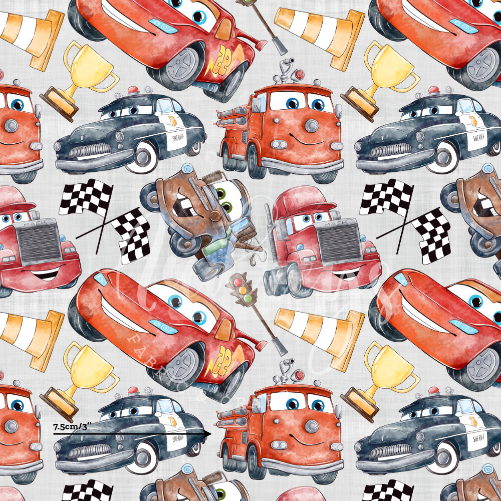 Cars, Grey Linen | Digital Print Custom Cotton Woven | 112cm wide - 0.5m Piece