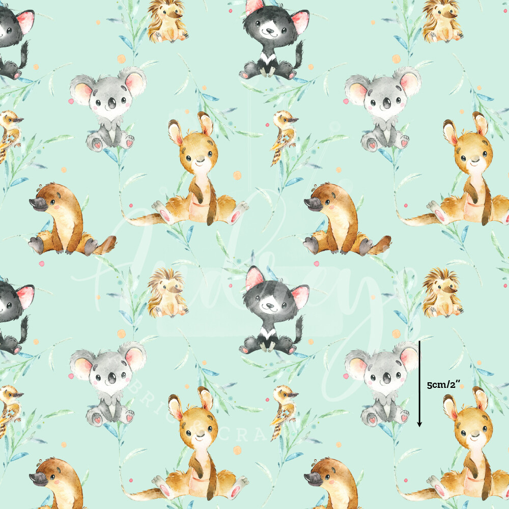 Aussie Animals, Mint | Digital-Print Cotton Lycra 230gsm | 150cm wide