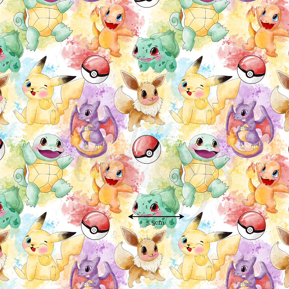 Pokemon Cute Watercolour | Digital-Print Cotton Lycra 240gsm | 150cm wide