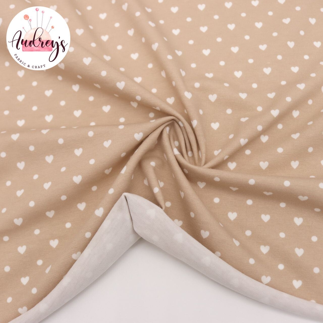 Beige Hearts &amp; Polka | Lightweight Cotton Lycra Panel, 150gsm | 160cm Wide