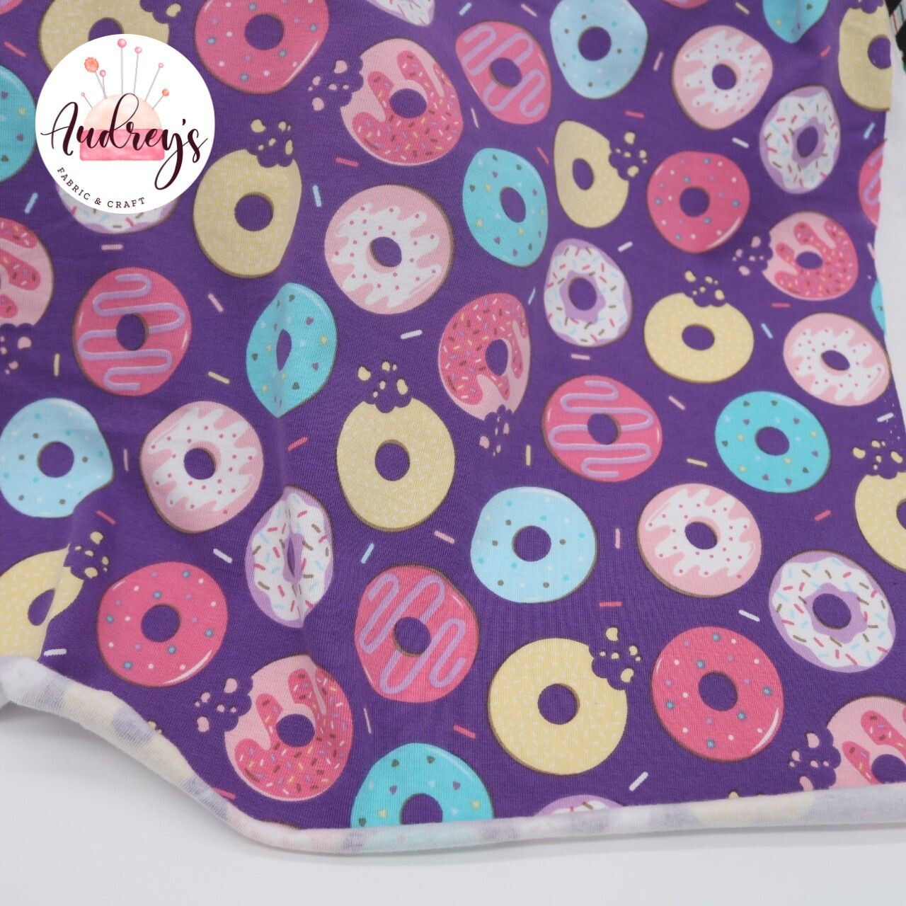 Donuts on Purple | Cotton Lycra, 240gsm | 155cm Wide - 0.5m Piece