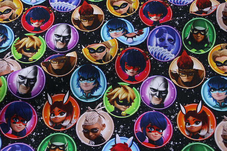 Miraculous, Badges | Custom Quilting Cotton | 145cm wide - 0.5m Piece