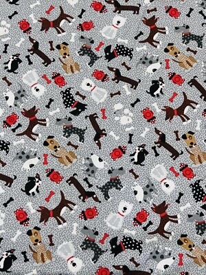 Small-Print Pups on Grey | Quilting Cotton | 112cm wide