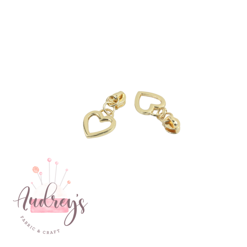 Heart Shape, Gold | Zipper Sliders | Fits #5 Nylon Zippers