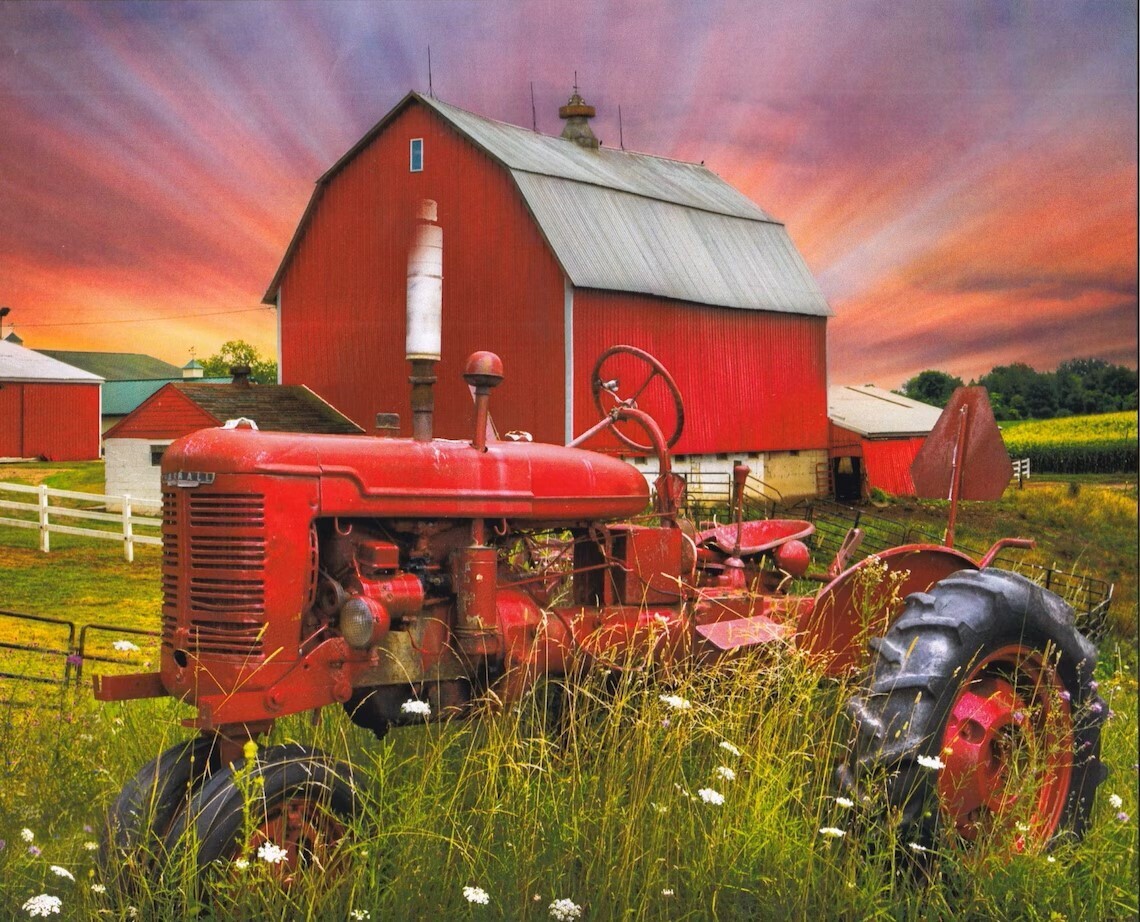 Red Tractor Barnyard | Quilting Cotton Panel