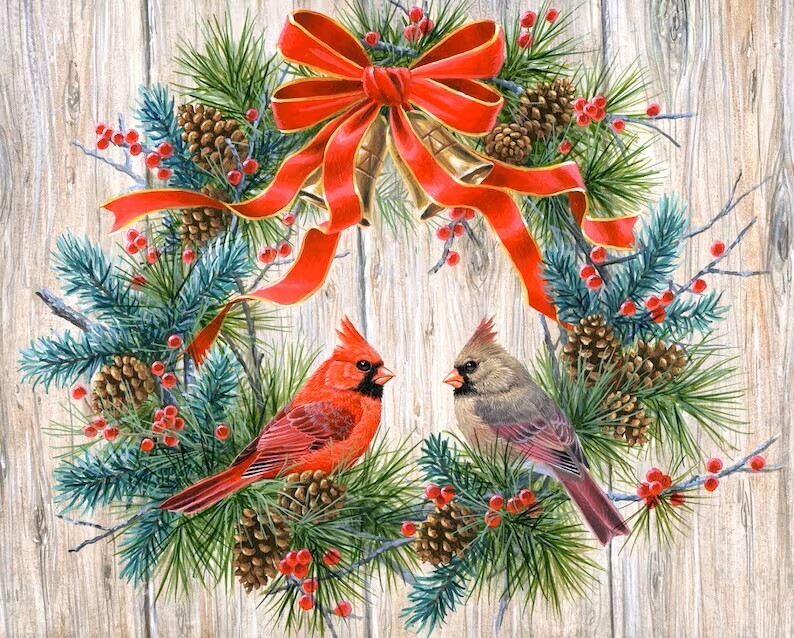 Cardinal Wreath Christmas | Quilting Cotton Panel