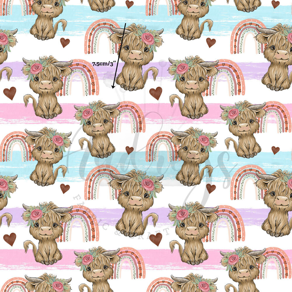 Highland Cow, Rainbow | Digital Print Custom Quilting Cotton Woven | 145cm wide