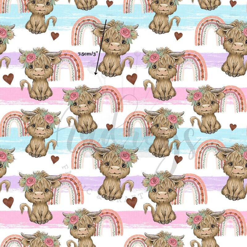 Highland Cow, Rainbow | Digital-Print Cotton Lycra 230gsm | 150cm wide