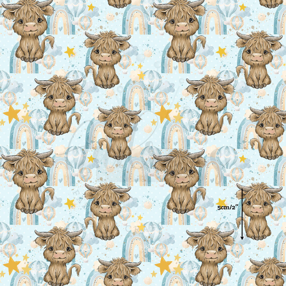 Highland Cow, Hot Air Balloon | Digital Print Stretch French Terry | 150cm Wide