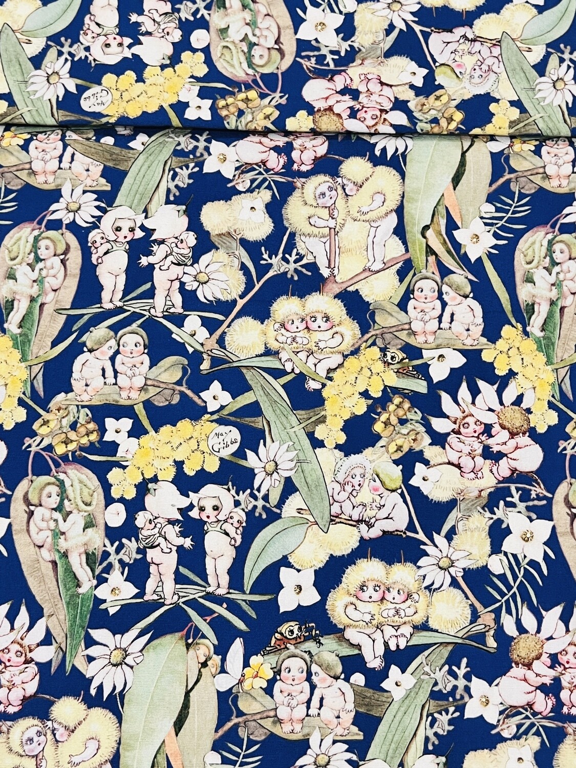 Gumnut Babies on Navy, May Gibbs | Lightweight Cotton Canvas | 145cm wide