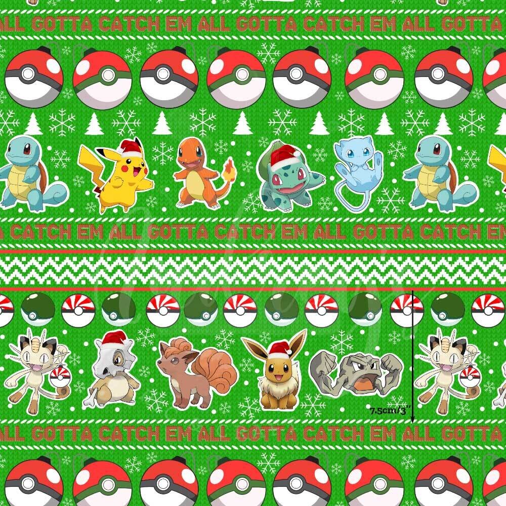 Pokemon, Xmas Stripes | Digital Print Custom Cotton Woven | 145cm wide