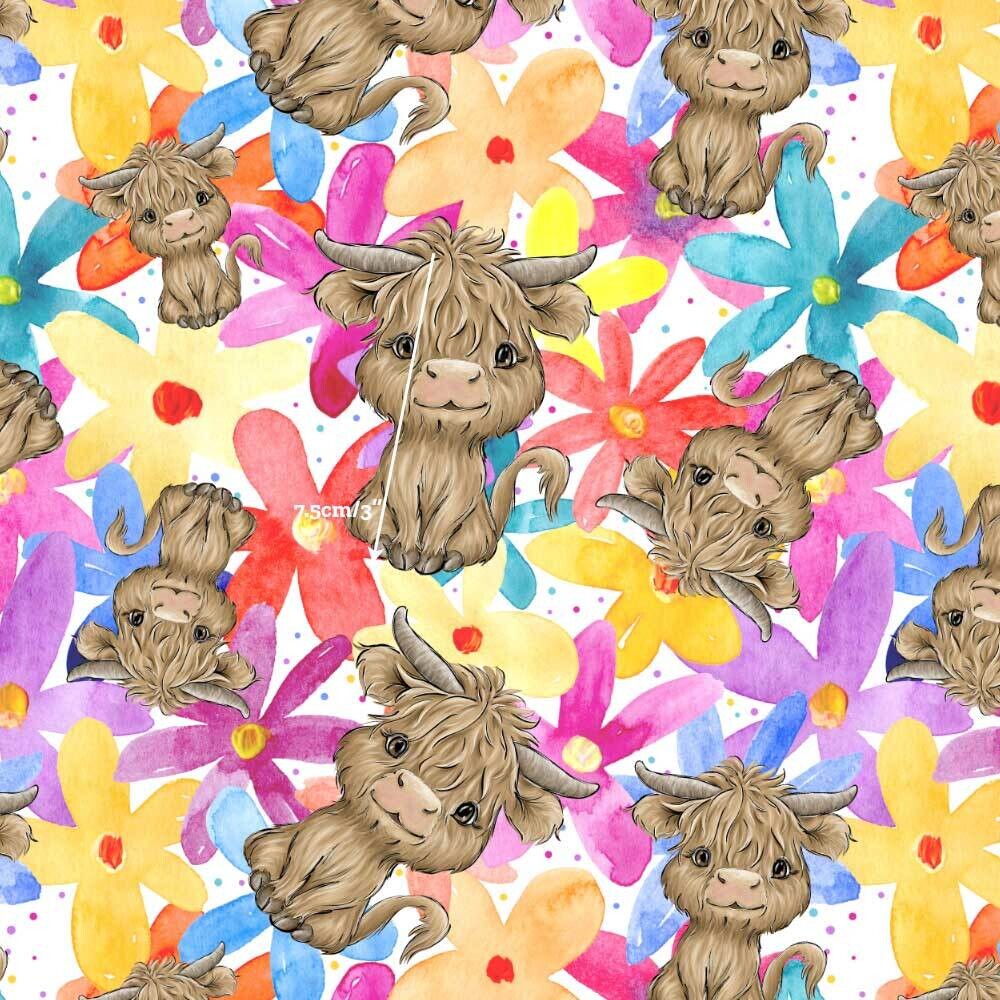 Highland Cow Rainbow Daisies | Digital-Print Cotton Woven | 145cm wide