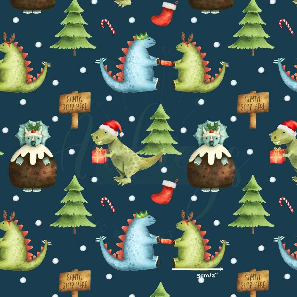 Xmas Dinos, Navy | Digital Print Cotton Woven | 145cm wide