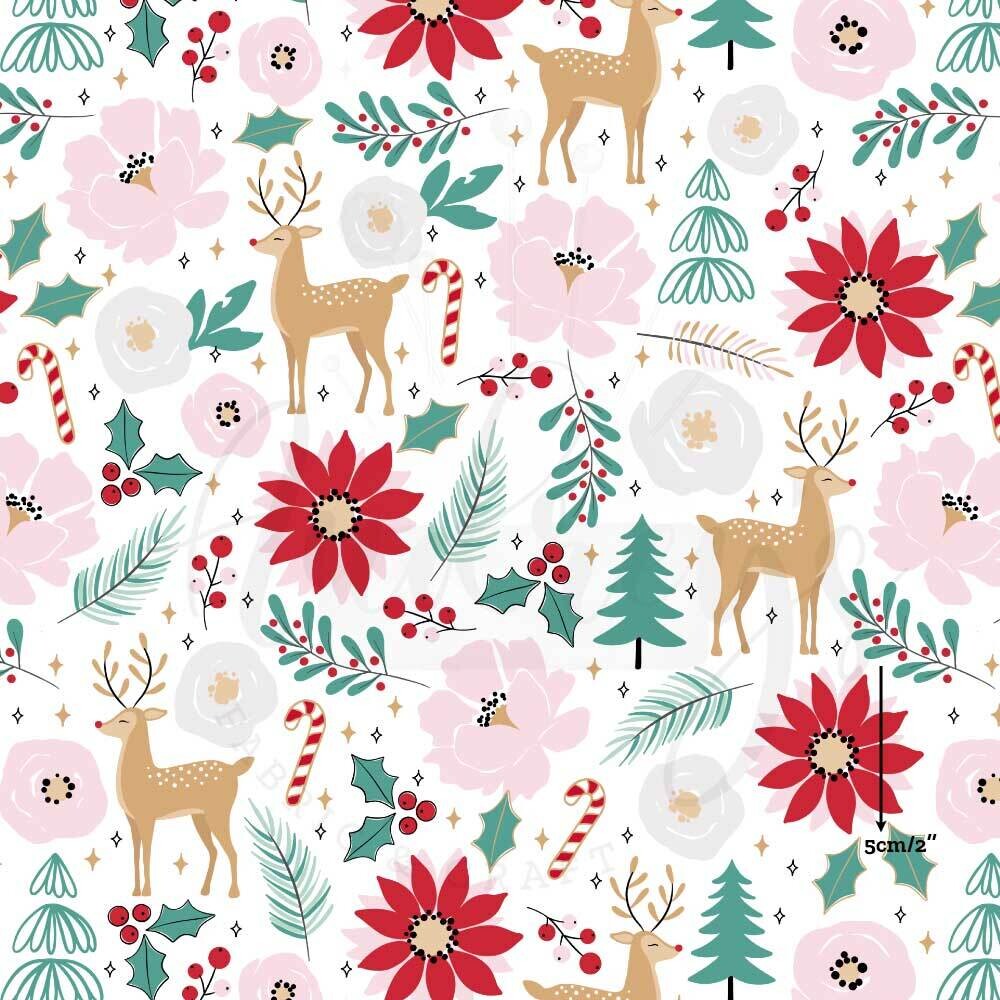 Christmas Flowers &amp; Reindeer | Digital-Print Cotton Lycra 240gsm | 150cm wide - 1.35m Piece