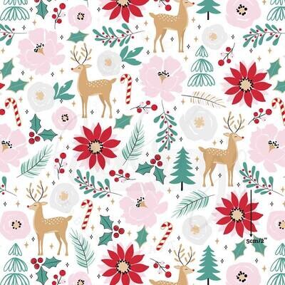 Christmas Flowers &amp; Reindeer | Digital-Print Cotton Lycra 240gsm | 150cm wide - 1.35m Piece