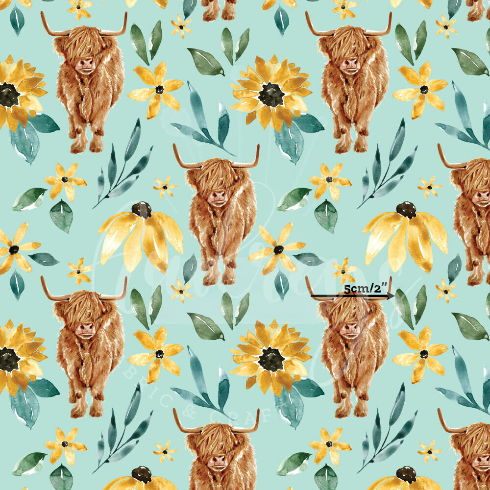 Highland Cow, Blue Floral | Digital-Print Cotton Lycra 230gsm | 150cm wide