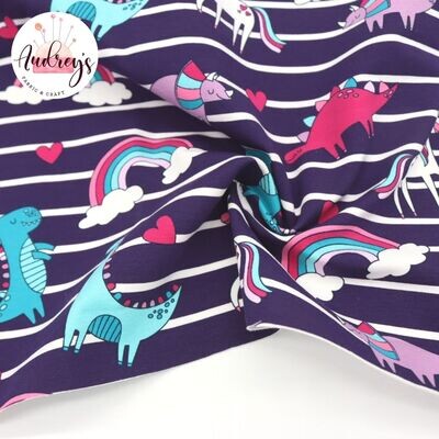 Dinos & Unicorns, Purple | Cotton Lycra, 200gsm | 180cm Wide