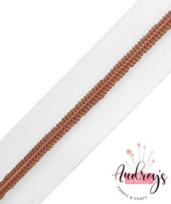 Rose Gold Teeth, Black/White | Continuous Zipper Tape | Nylon Teeth