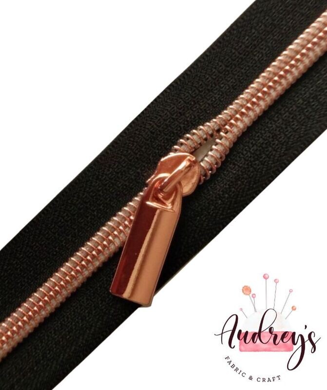 Rose Gold Teeth, Black/White | Continuous Zipper Tape | Nylon Teeth