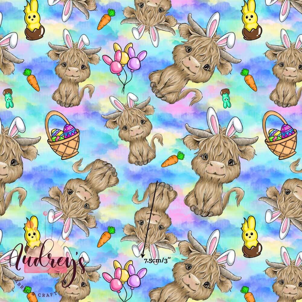 Easter Highland Cows | Digital-Print Cotton Lycra 240gsm | 150cm wide