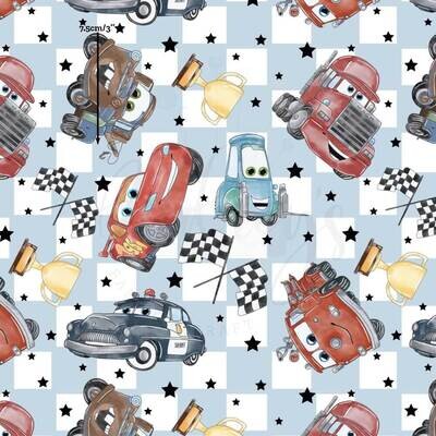 Cars on Checkers | Digital-Print Cotton Lycra 240gsm | 150cm wide