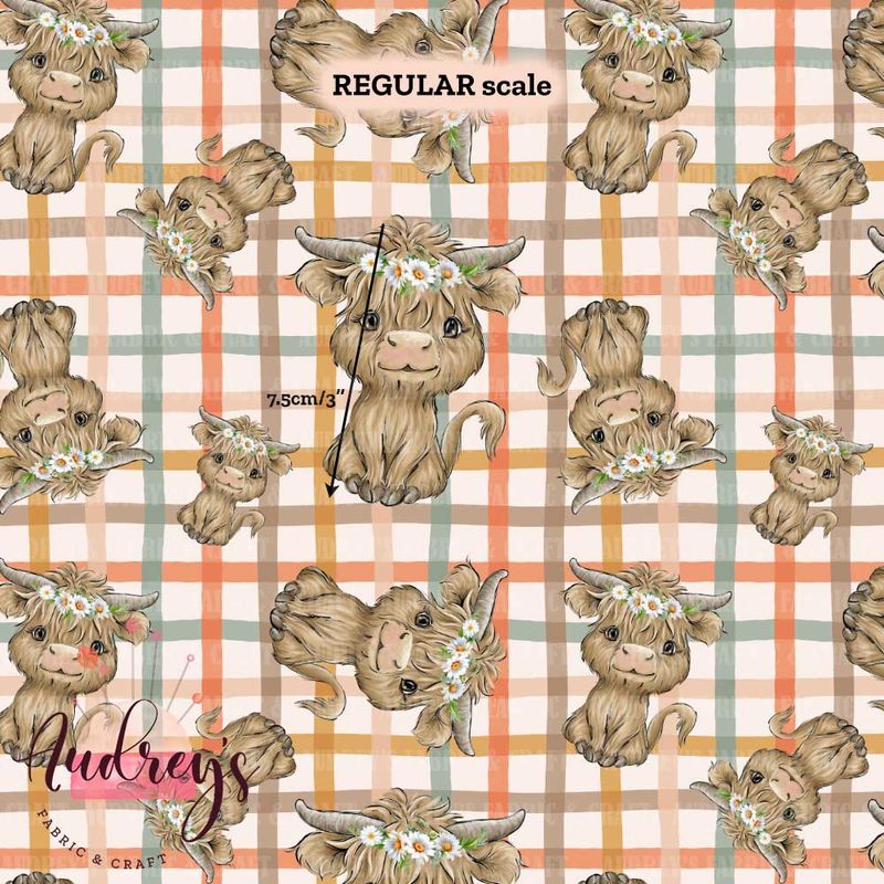 Highland Cow, Boho Plaid | Digital Print Custom Quilting Cotton Woven | 145cm wide