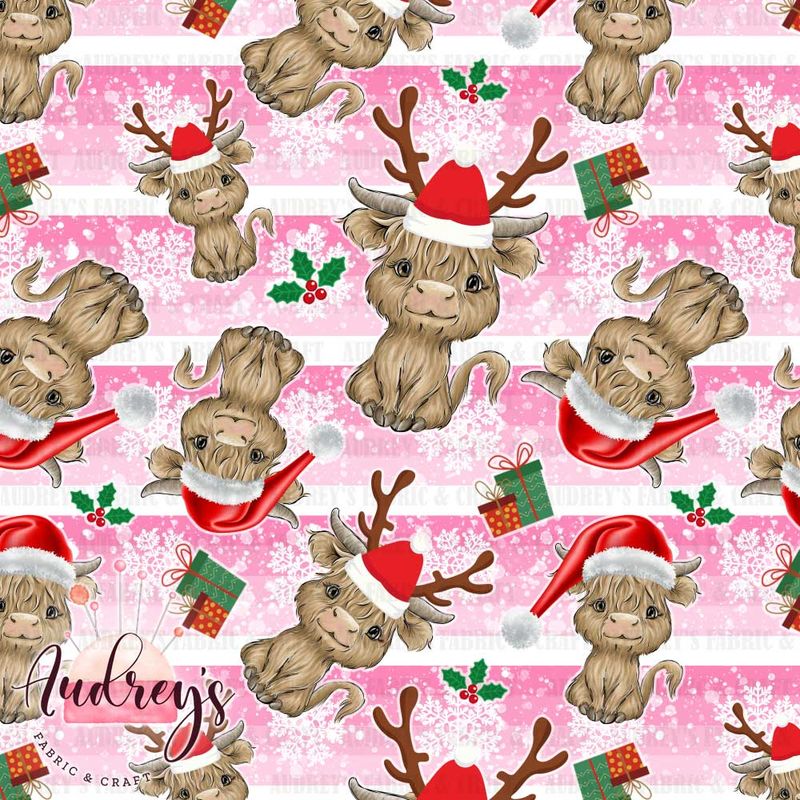 Highland Cow Xmas, Pink Stripes | PRE-ORDER | Choose Your Own Base