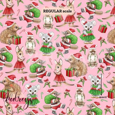 Aussie Xmas Animals, Pink | Digital Print Cotton Woven | 145cm wide