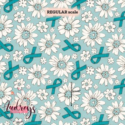 Teal Ribbon, Daisy | Digital-Print Custom Cotton Woven | 145cm wide