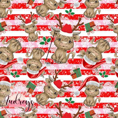 Highland Cow Xmas, Red Stripes | Digital-Print Custom Cotton Woven | 145cm wide