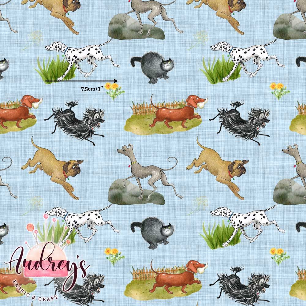 Fluffy Dog &amp; Friends, Blue | Digital-Print Custom Cotton Woven | 145cm wide
