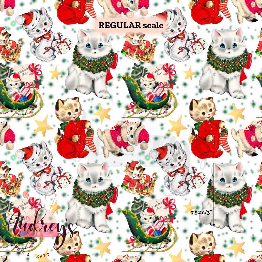 Xmas Kittens, White | Digital-Print Cotton Woven | 145cm wide