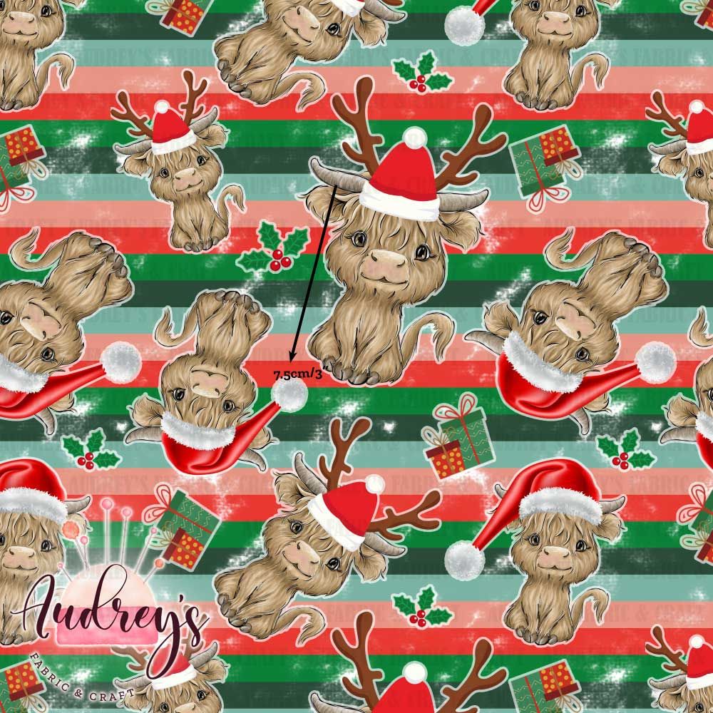 Highland Cow, Christmas Stripes | Digital-Print Cotton Woven | 145cm wide