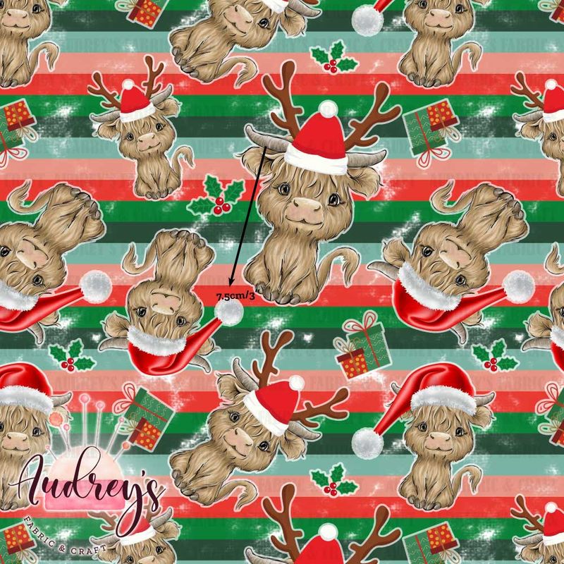 Highland Cow, Christmas Stripes | Digital-Print Cotton Woven | 145cm wide