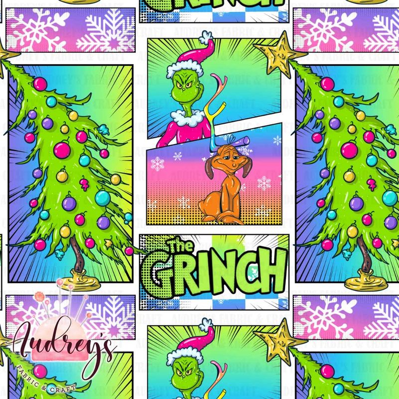 Grinch Patchwork, Christmas | Digital-Print Custom Cotton Lycra 240gsm | 150cm wide