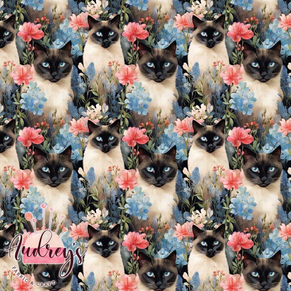 Siamese Cat in Meadow | Digital-Print Custom PUL Waterproof Fabric | 150cm wide
