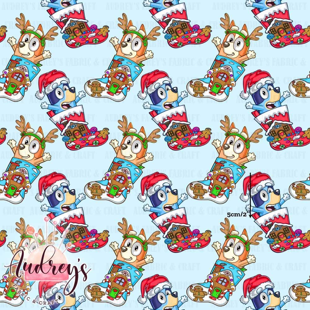 Xmas Bluey &amp; Bingo, Blue | Digital-Print Custom Cotton Woven | 145cm wide