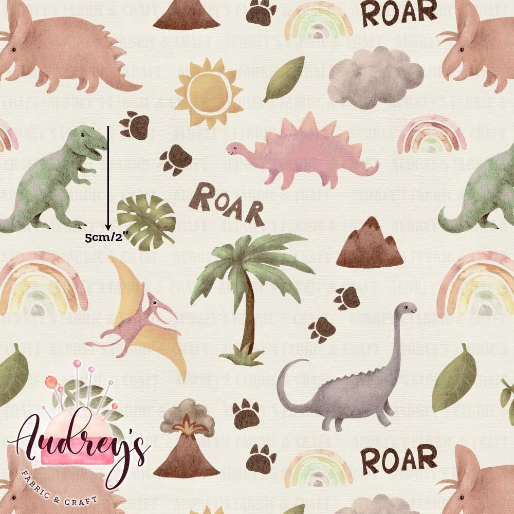 Boho Dinos, Beige | Digital-Print Custom Cotton Woven | 145cm wide