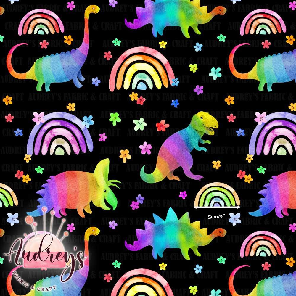 Rainbow Dino on Black | Digital-Print Custom Cotton Woven | 145cm wide