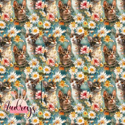 Kittens, Blooming Meadow | Digital-Print Custom Cotton Woven | 145cm wide
