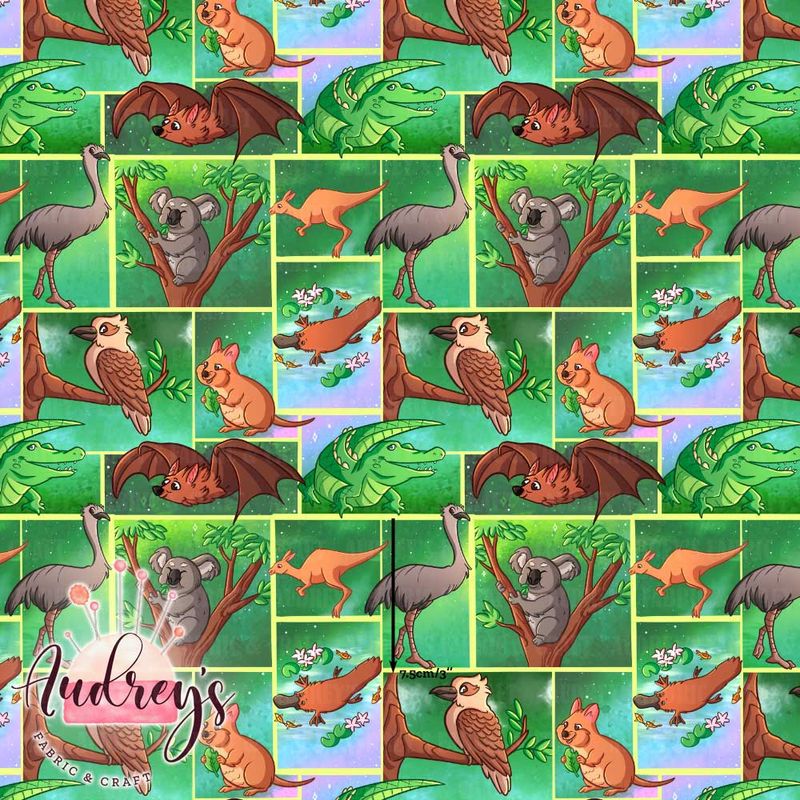 Aussie Animals, Green | Digital-Print Custom Cotton Woven | 145cm wide