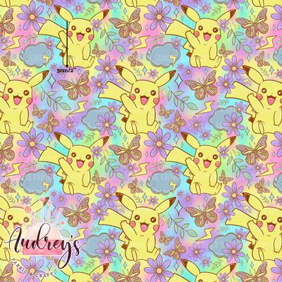 Pikachu, Floral Rainbow | Digital-Print Custom Cotton Woven | 145cm wide